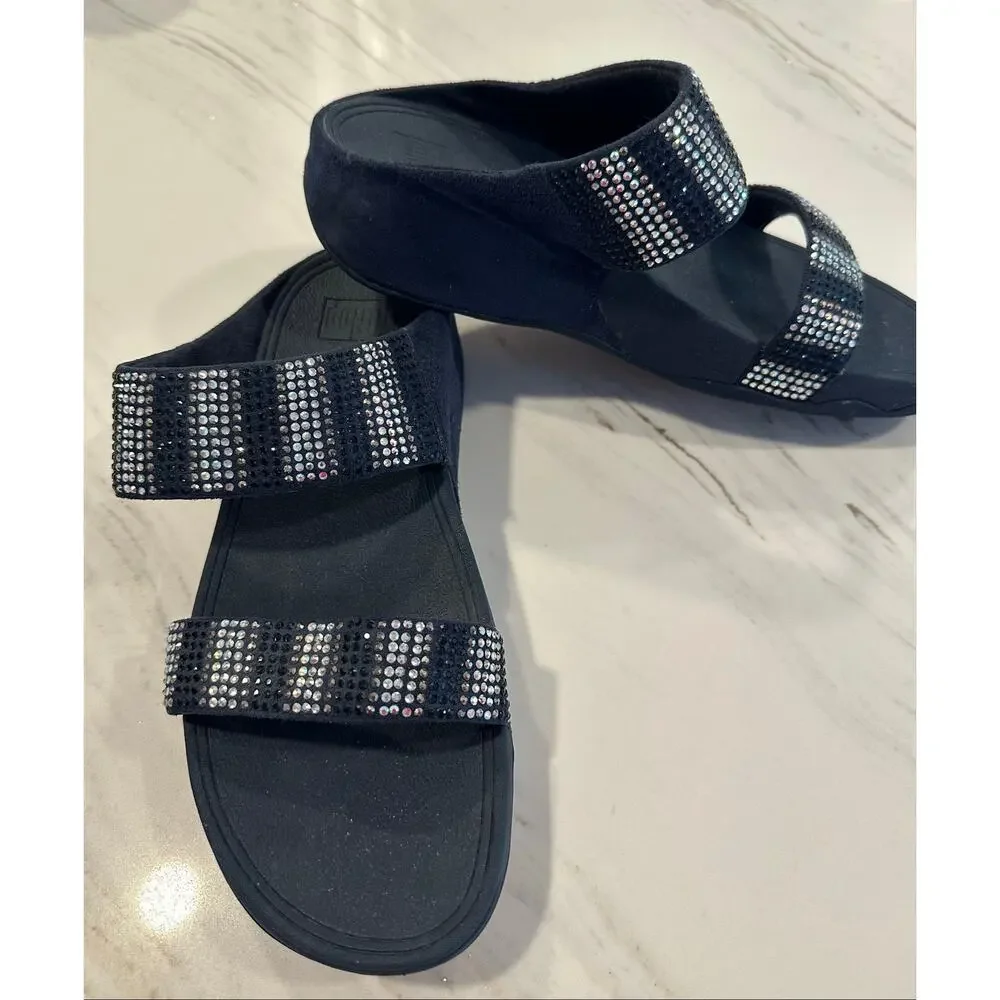 FitFlop Women’s Size 10 Navy Blue Rhinestone Crystal Two Strap Slide Sandals